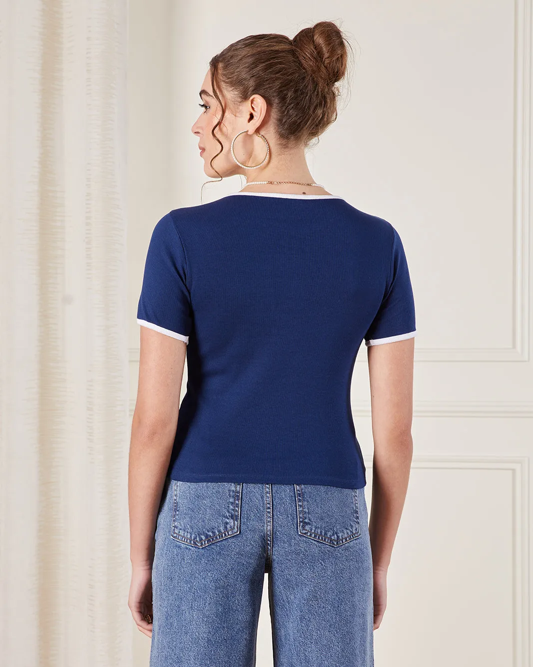 Women Navy Printed Ribbed T-Shirt sold by Redtag product image thumbnail 3