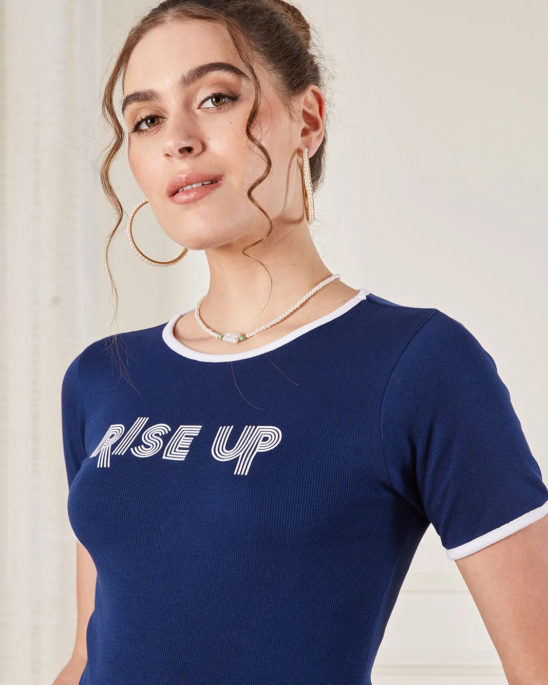 Women Navy Printed Ribbed T-Shirt sold by Redtag product image thumbnail 4