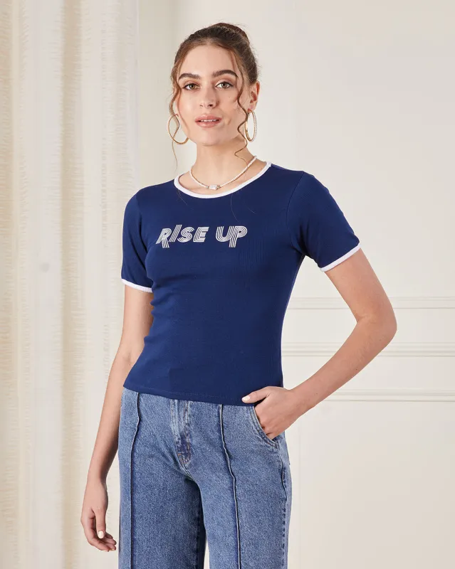 Women Navy Printed Ribbed  T-Shirt sold by Redtag