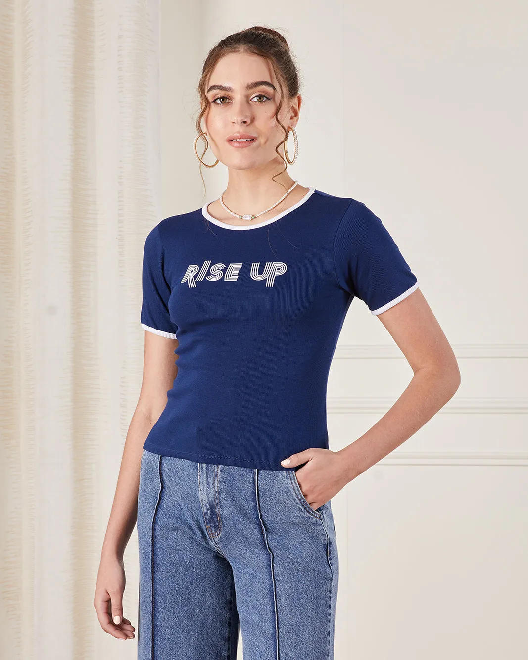 Women Navy Printed Ribbed T-Shirt sold by Redtag