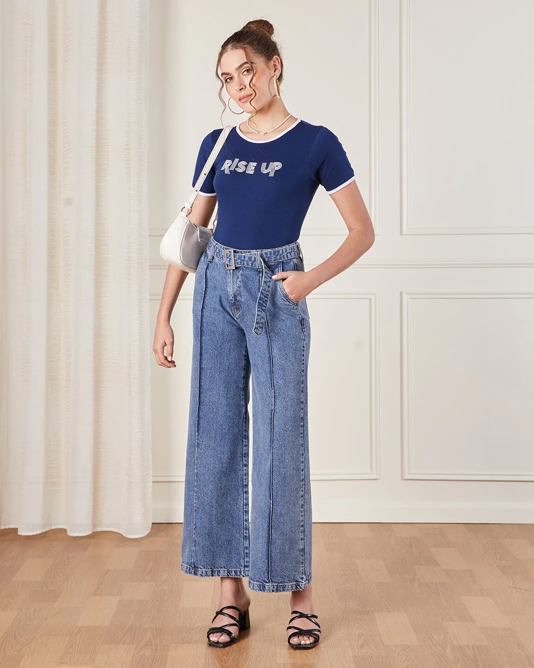 Women Navy Printed Ribbed T-Shirt sold by Redtag product image thumbnail 2