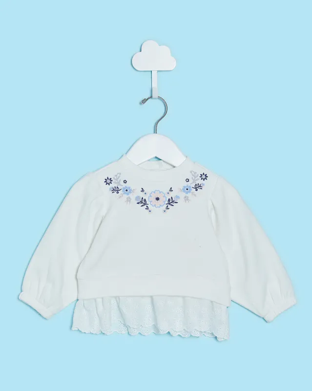Infant Girls Ivory Embroidered Sweatshirt With Lace Hem sold by Redtag