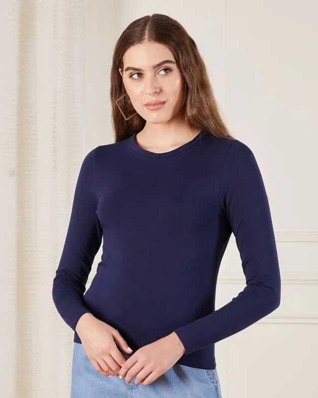 Women Navy Solid Long Sleeve T-Shirt sold by Redtag
