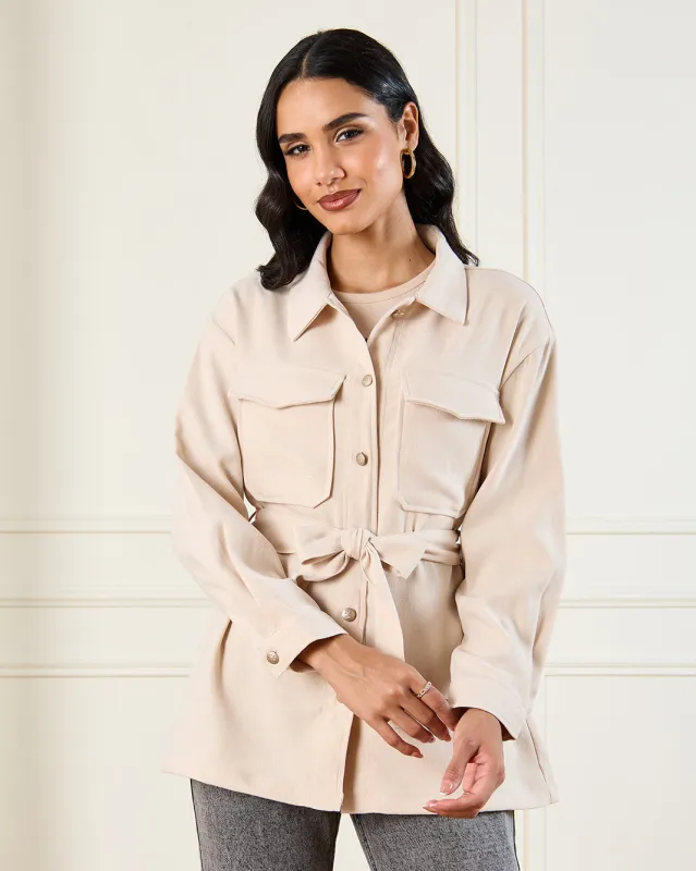 Women Ivory Button Down Belted Shirt made by Redtag
