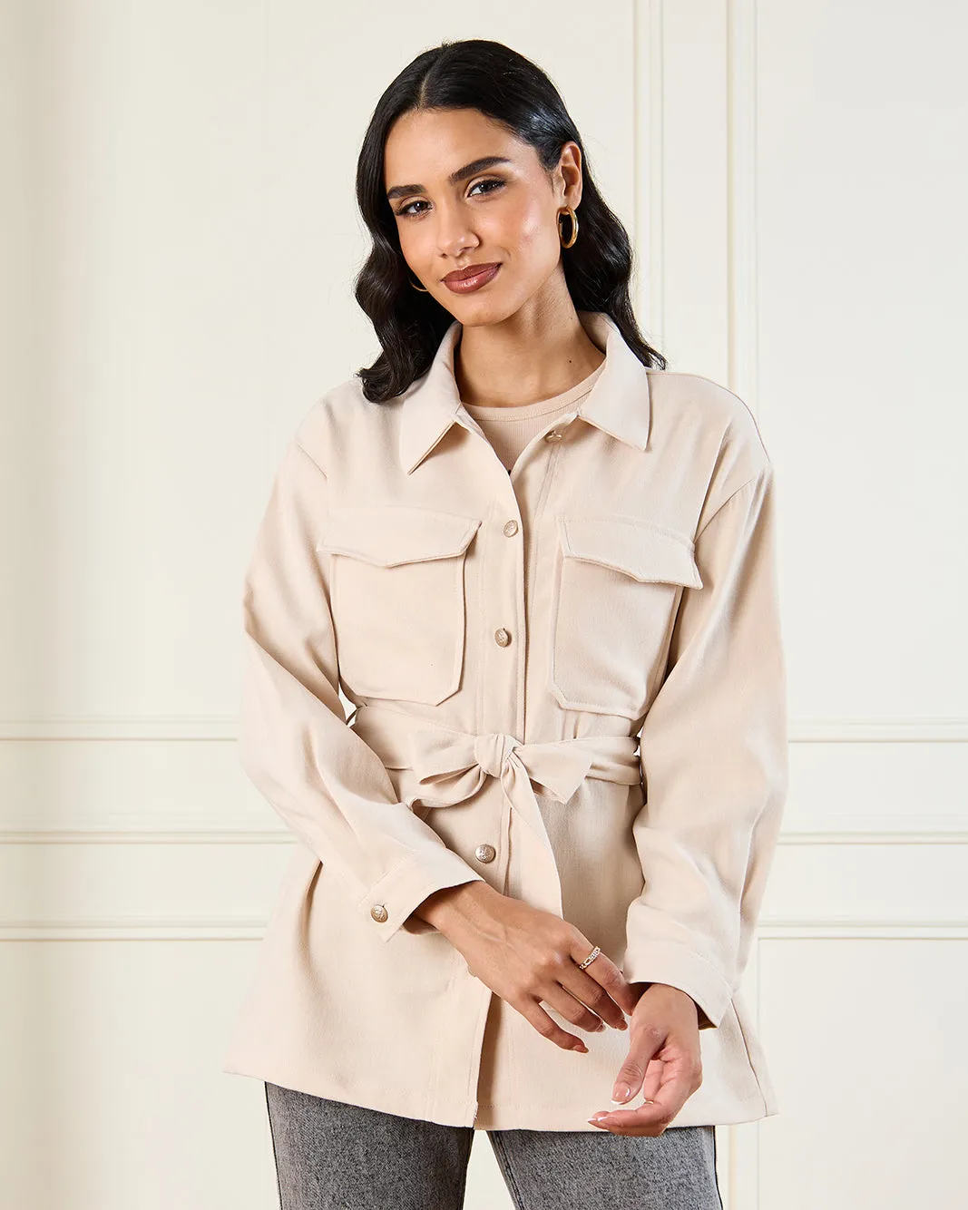 Women Ivory Button Down Belted Shirt sold by Redtag
