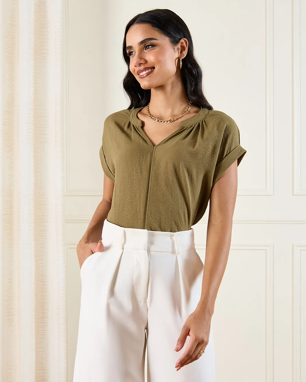 Women Olive Drop Shoulder RolL Up Sleeve Blouse sold by Redtag