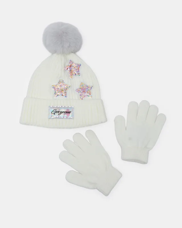 Girls White Embellished Cap With Gloves Set (2 Piece) sold by Redtag