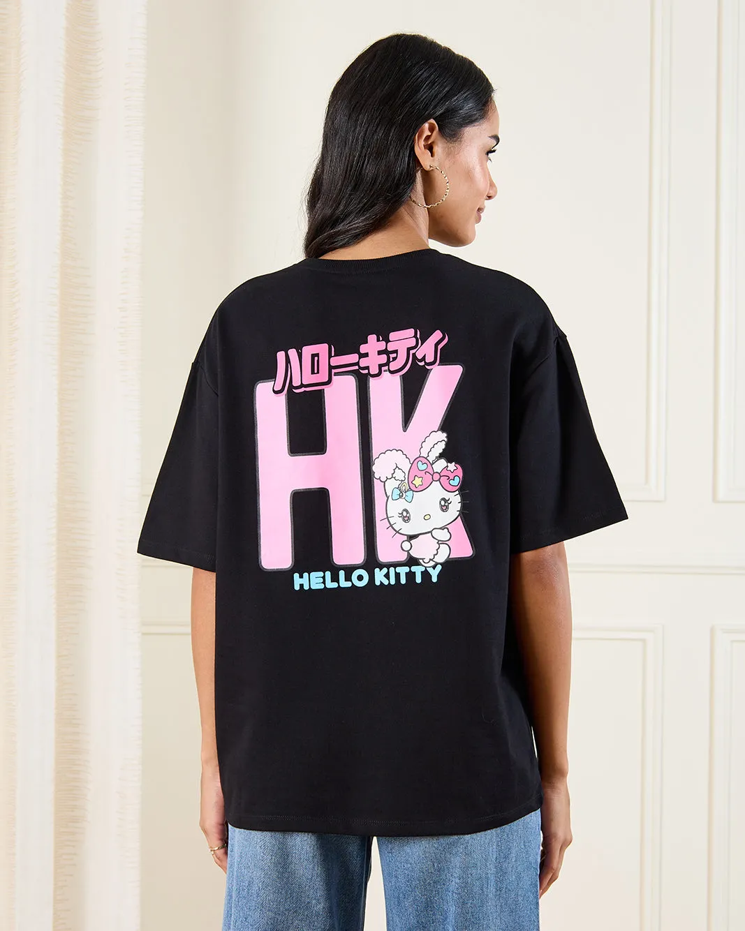 Women Black Printed Over Sized T-Shirt sold by Redtag