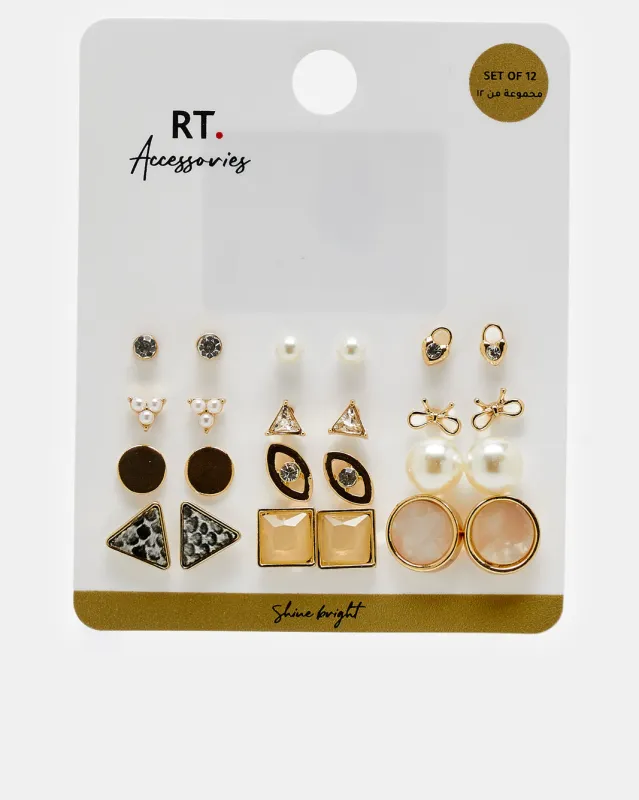Women Gold Embellished Studs (12 Pairs) sold by Redtag