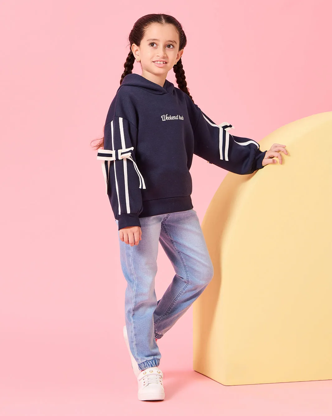 Girls Navy 3D Bow At Sleeve Hooded Sweatshirt sold by Redtag product image thumbnail 2