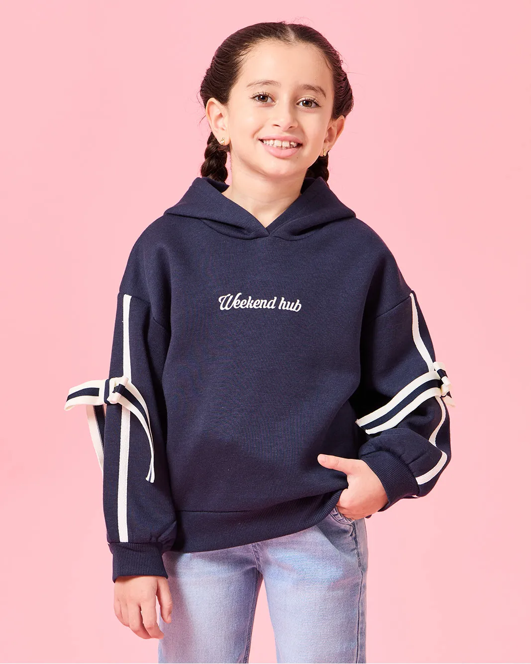 Girls Navy 3D Bow At Sleeve Hooded Sweatshirt sold by Redtag