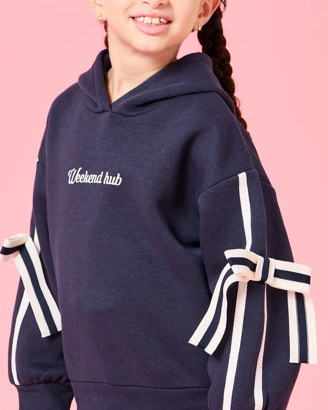 Girls Navy 3D Bow At Sleeve Hooded Sweatshirt sold by Redtag product image thumbnail 4