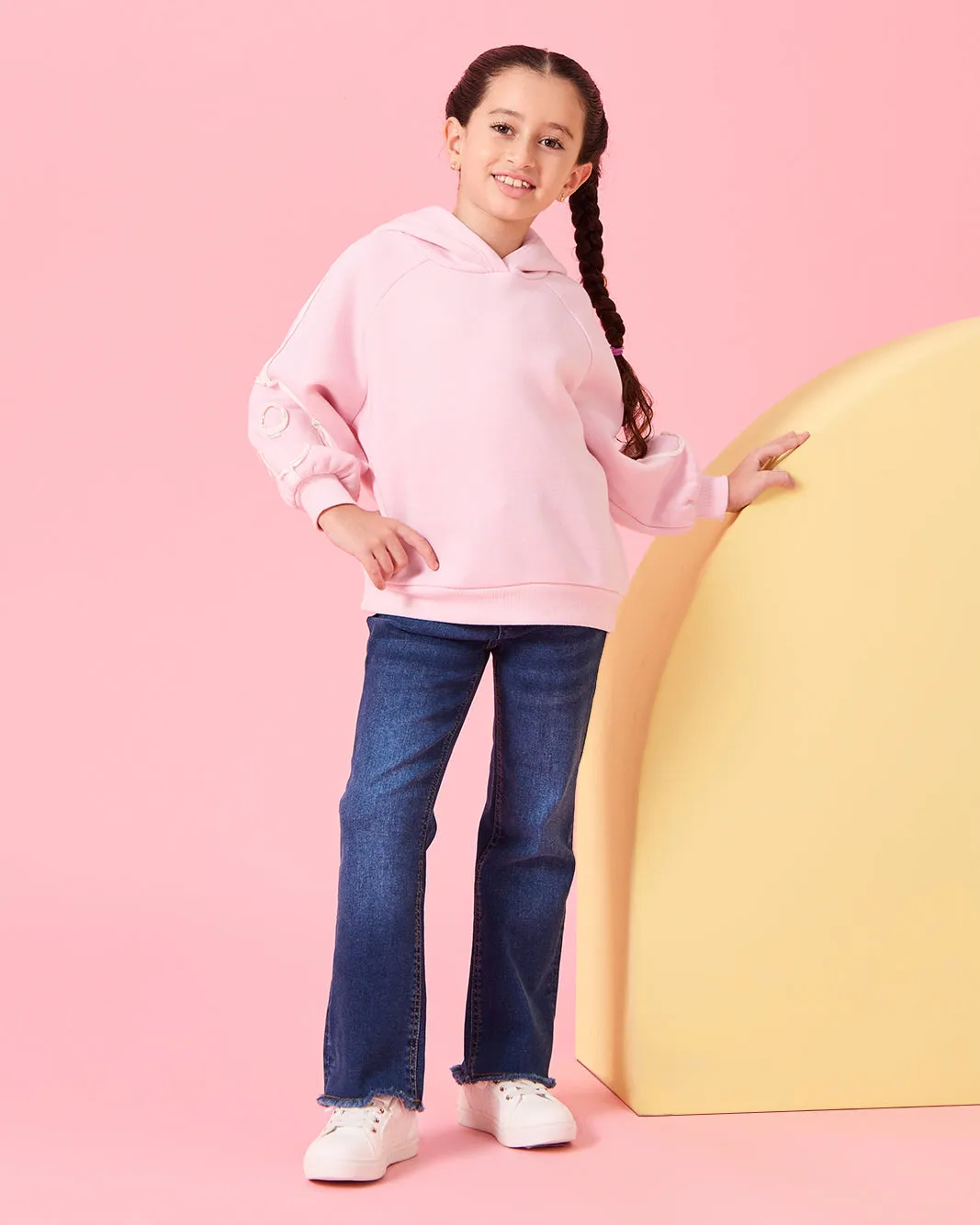 Girls Pink 3D Flower At Sleeves Hooded Sweatshirt sold by Redtag product image thumbnail 2