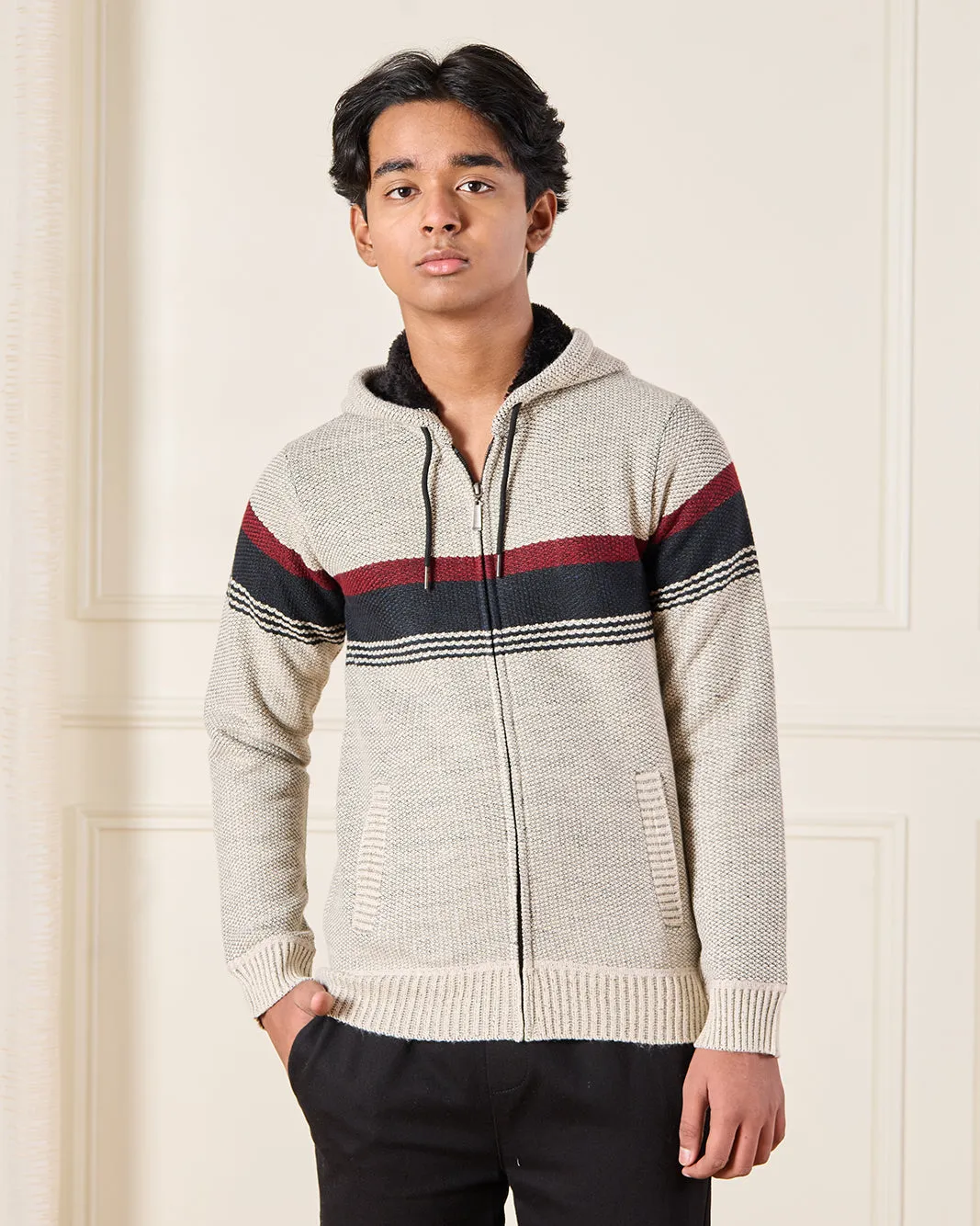 Senior Boys Beige Sherpa Lining Zip Thru Hoody Cardigan sold by Redtag