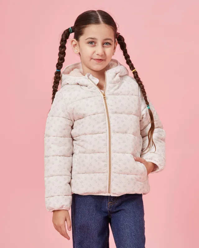 Off White Printed Quilted Hooded Jacket for Girls (2 to 8 Years) sold by Redtag