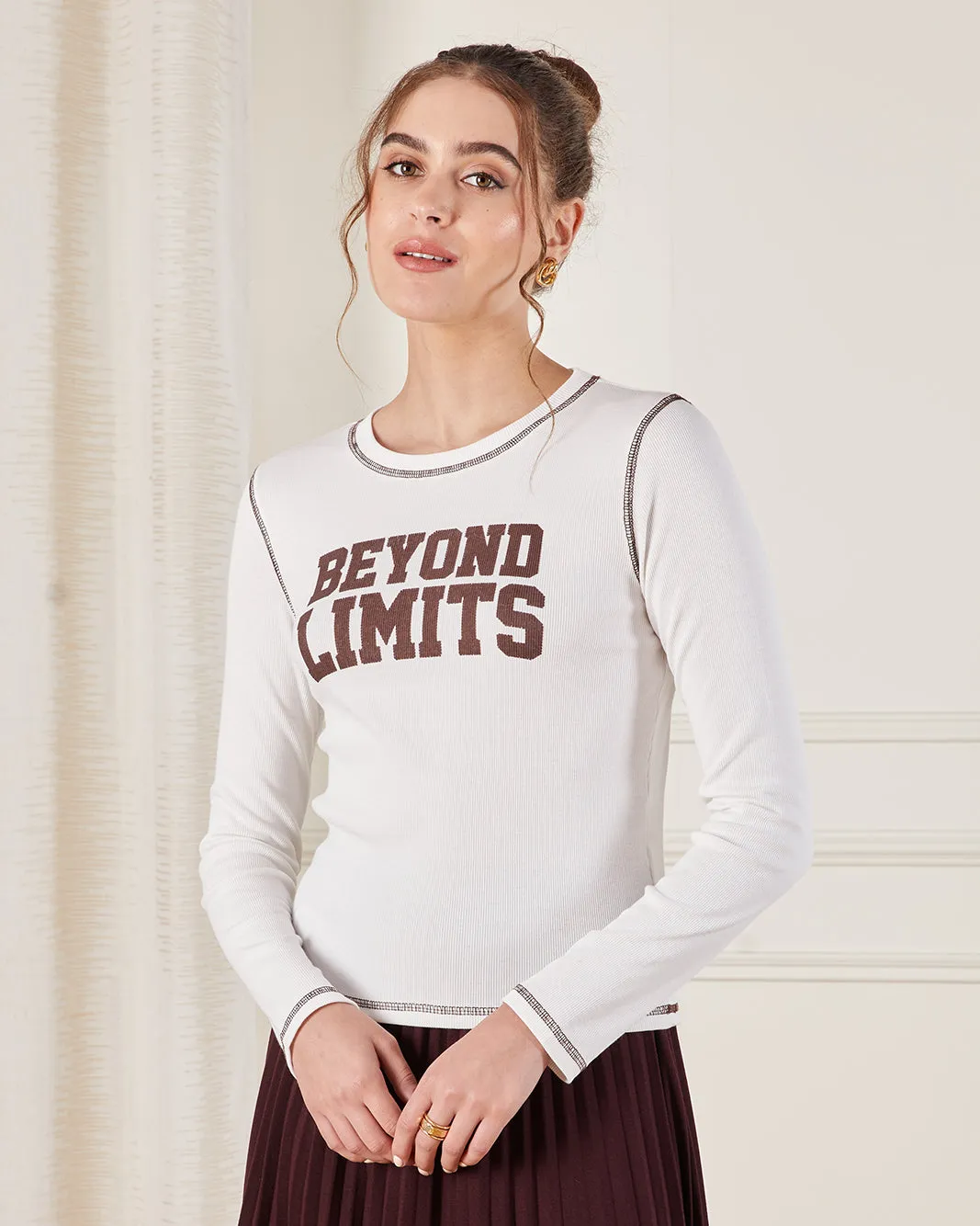 Women Ivory Printed Rib Active T-Shirt sold by Redtag