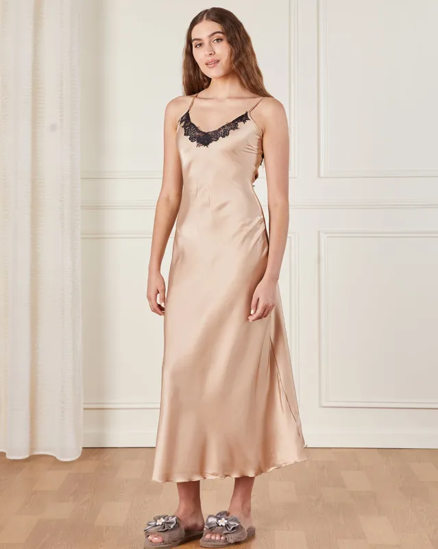 Women Gold Long Chemise With Lace Detail At Neckline sold by Redtag