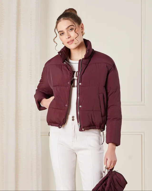 Women Burgundy Puffer Jacket sold by Redtag
