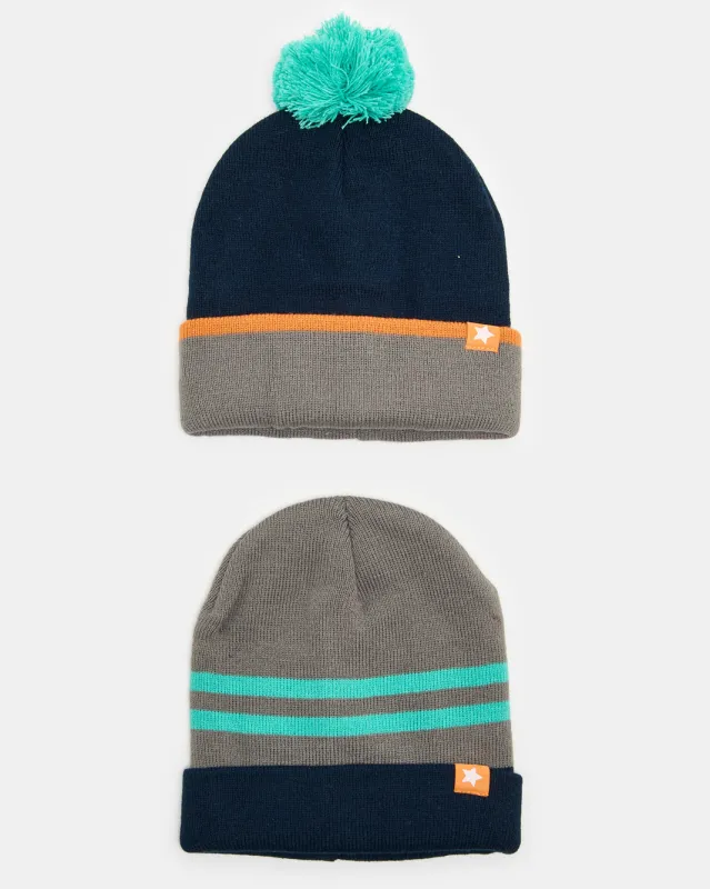 Boys Navy And Grey Knitted Cap Set (Pack Of 2) sold by Redtag