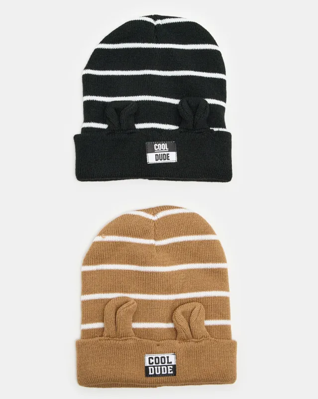 Boys Black And Brown Striped Knitted Cap Set (Pack Of 2) sold by Redtag