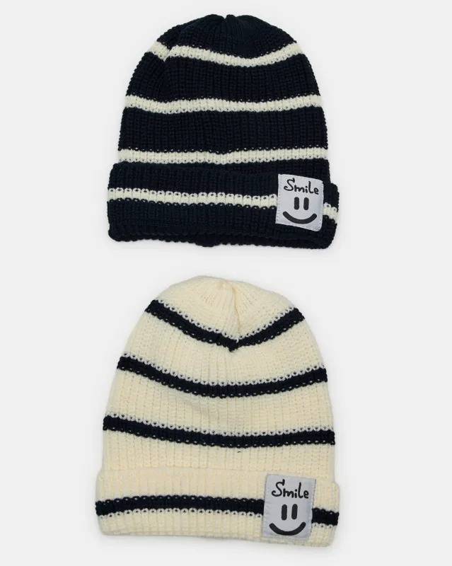 Boys Black And Beige Striped Knitted Cap Set (Pack Of 2) sold by Redtag