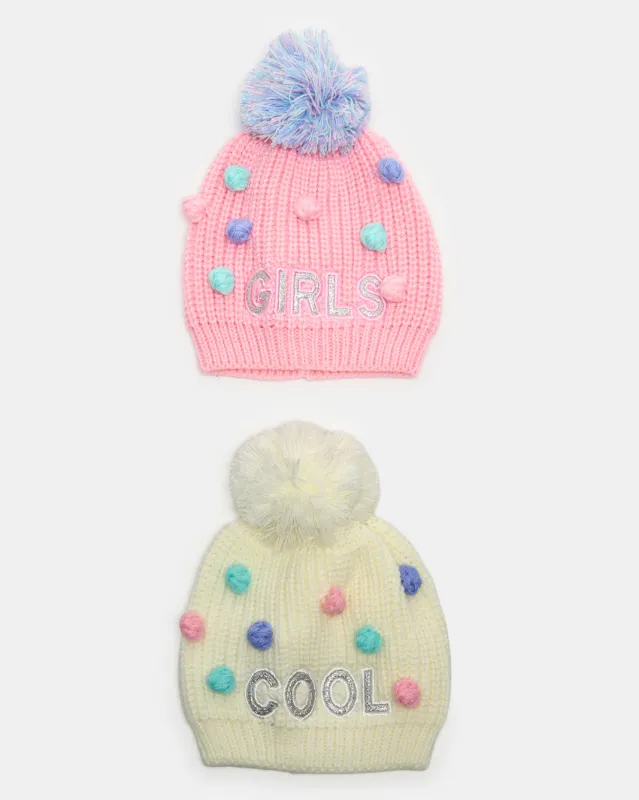 Girls Pink And Cream Knitted Embellished Cap Set (Pack Of 2) sold by Redtag