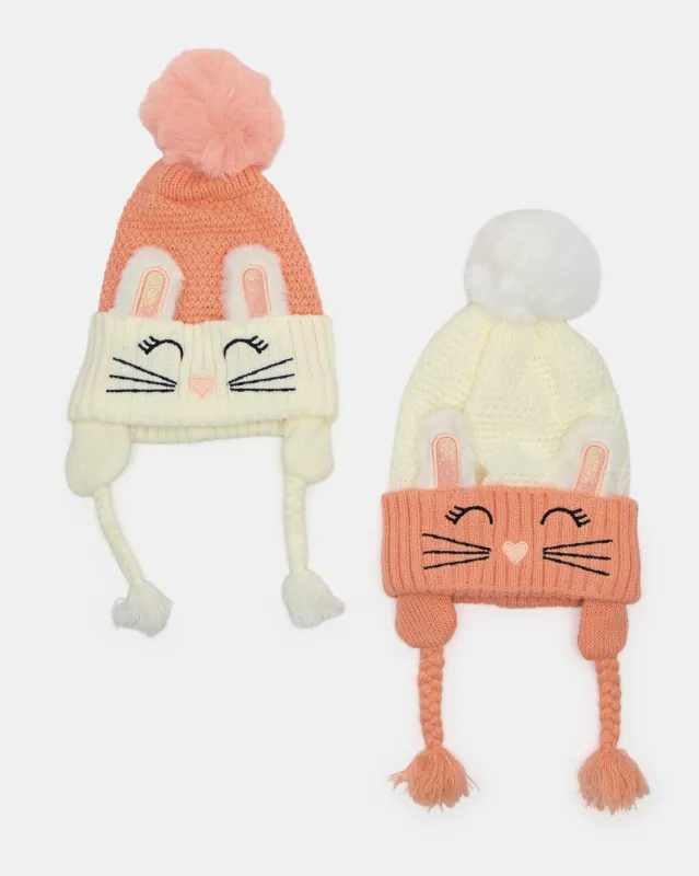 Girls Ivory And Orange Knitted Embellished Cap Set (Pack Of 2) sold by Redtag
