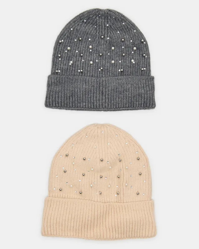 Women Grey And Pink Embellished Knitted Cap Set (2 Piece) sold by Redtag