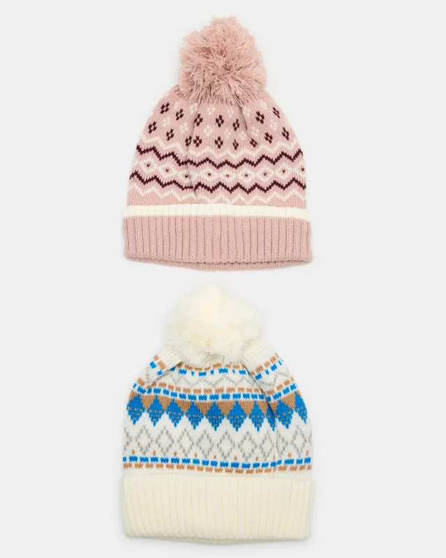 Women Pink And Cream Knitted Cap Set (2 Piece) sold by Redtag