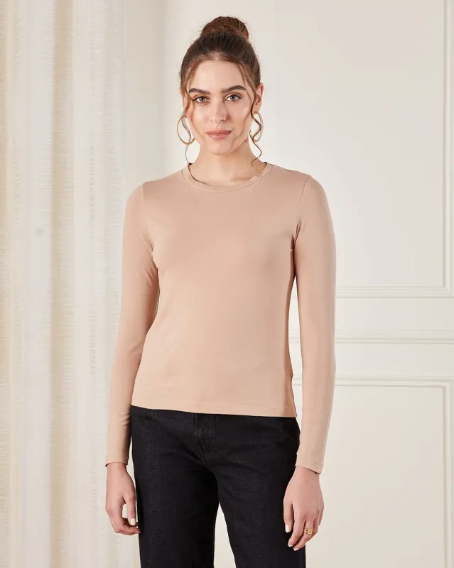 Women Beige Crew Neck Basic T-Shirt sold by Redtag