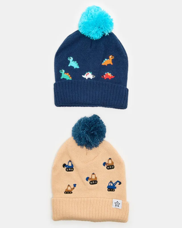 Boys Beige And Blue Knitted Cap Set (2 Piece) sold by Redtag