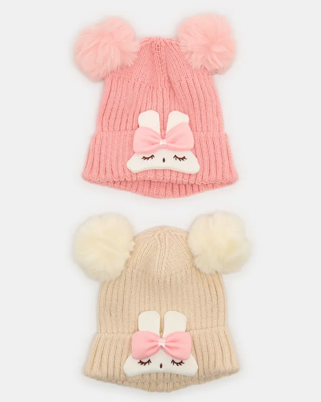 Girls Pink And Beige Embellished Cap Set (Pack Of 2) sold by Redtag