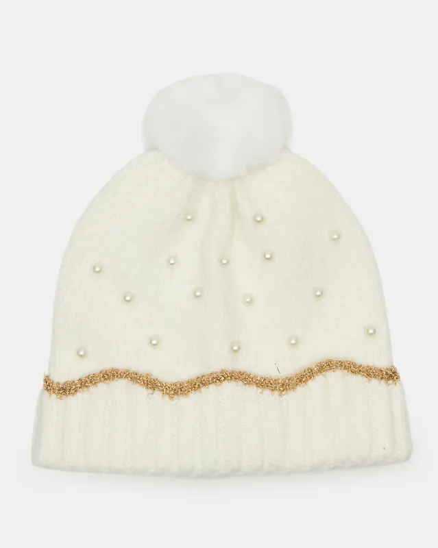Girls White Embellished Knitted Cap sold by Redtag