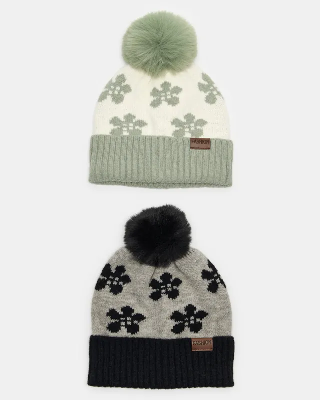 Women Green And Black Embellished Knitted Cap Set (2 Piece) sold by Redtag