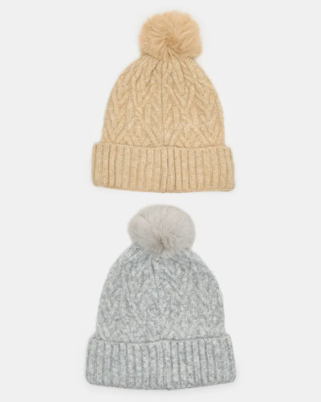 Women Beige And Grey Embellished Knitted Cap Set (2 Piece) sold by Redtag