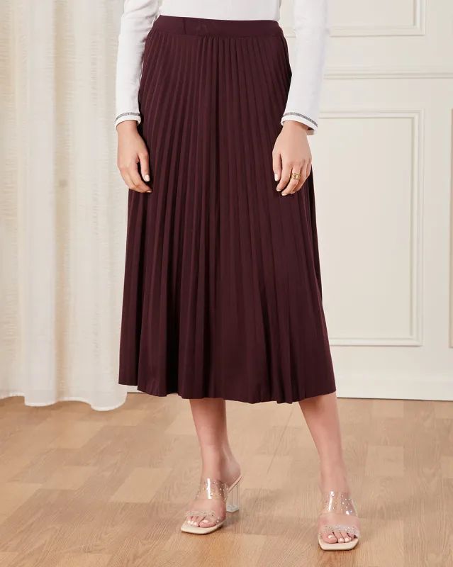 Women Burgundy Pleated Skirt sold by Redtag