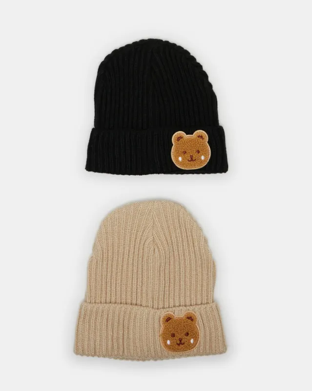 Boys Black And Beige Knitted Cap Set (2 Piece) sold by Redtag
