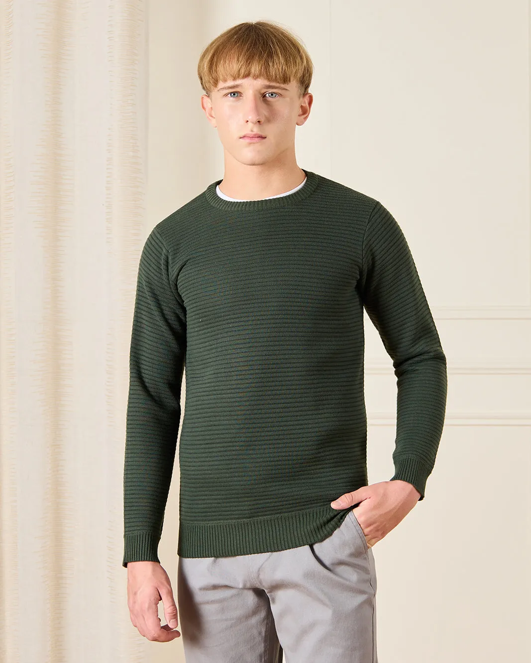 Senior Boys Olive Striped Pullover sold by Redtag