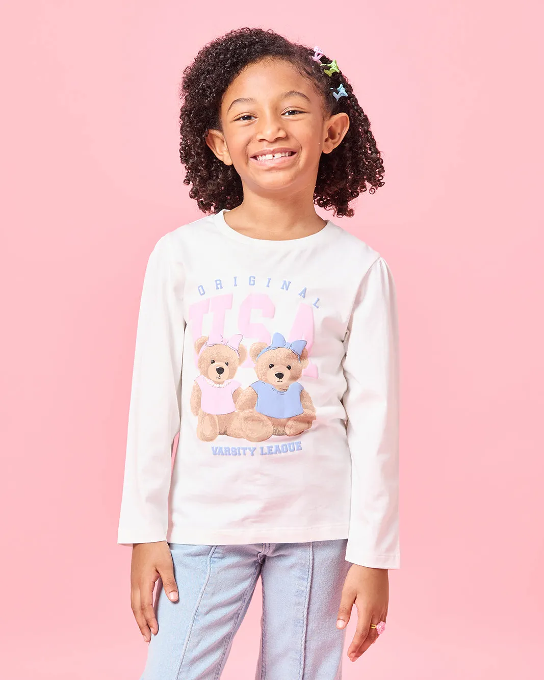Girls Ivory Teddy Placement Print T-Shirt sold by Redtag