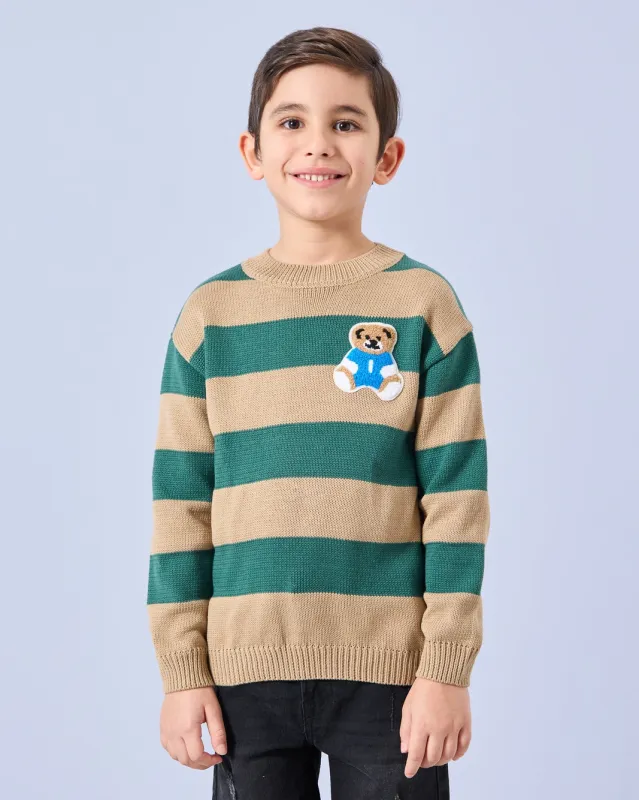 Boys Green & Brown Striped With Teddy Embroidery Pullover sold by Redtag