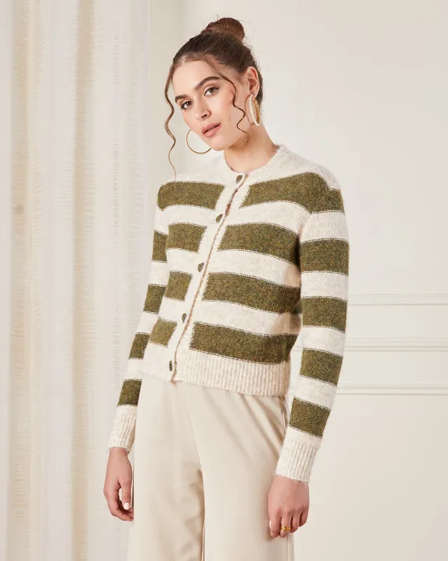Women Beige Striped Knitted Cardigan sold by Redtag