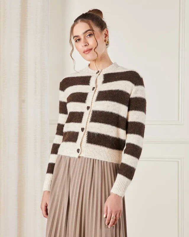 Women Beige Striped Knitted  Cardigan sold by Redtag