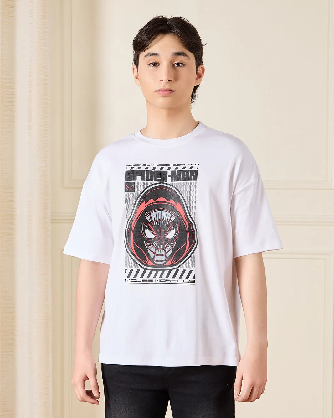 Senior Boys White Spiderman Miles Morales Over Size T-Shirt sold by Redtag
