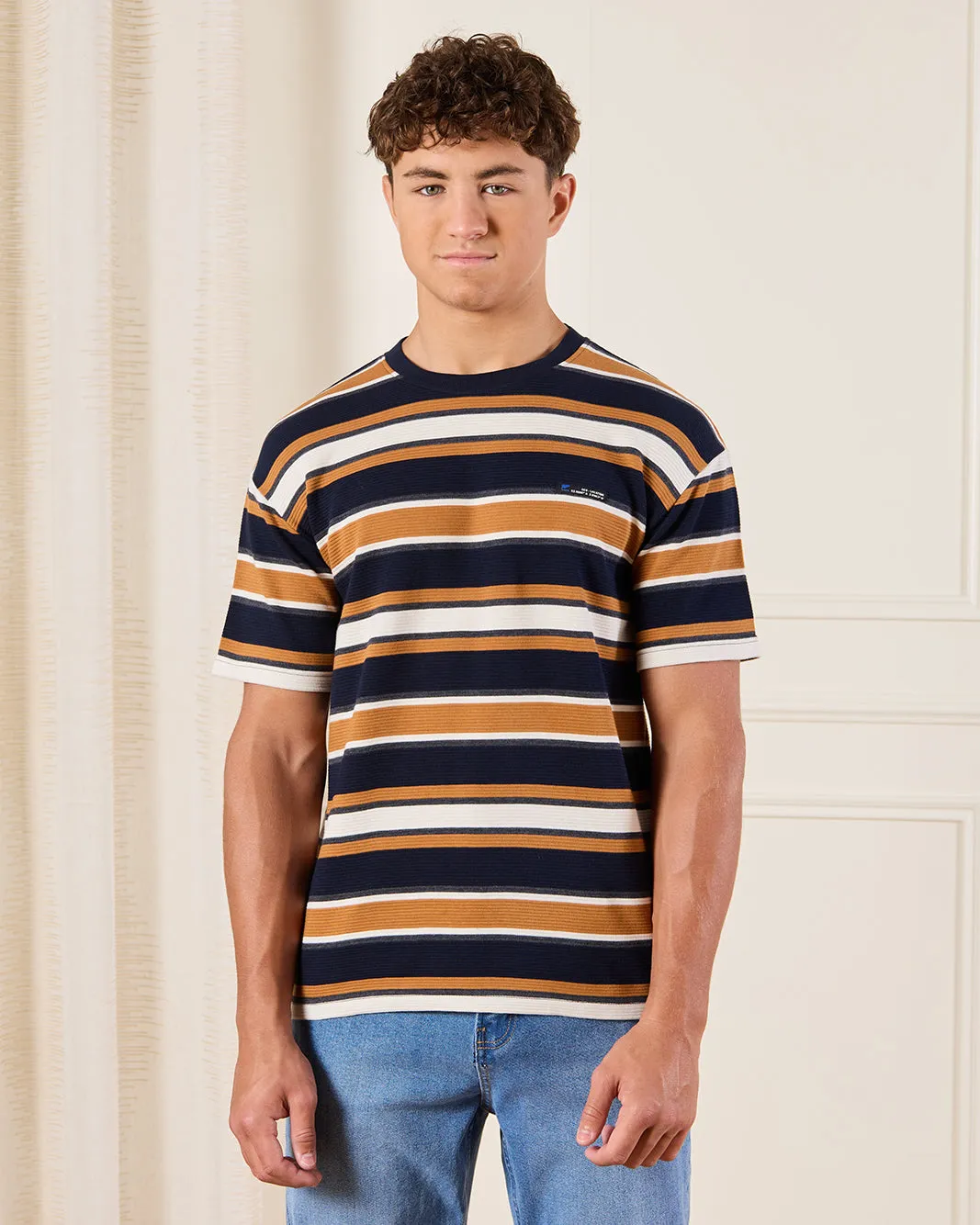 Senior Boys Navy Striped T-Shirt sold by Redtag