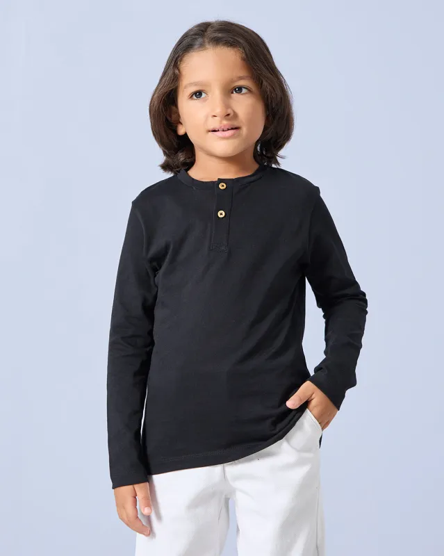 Boys Black Long Sleeve Henley T-Shirt sold by Redtag