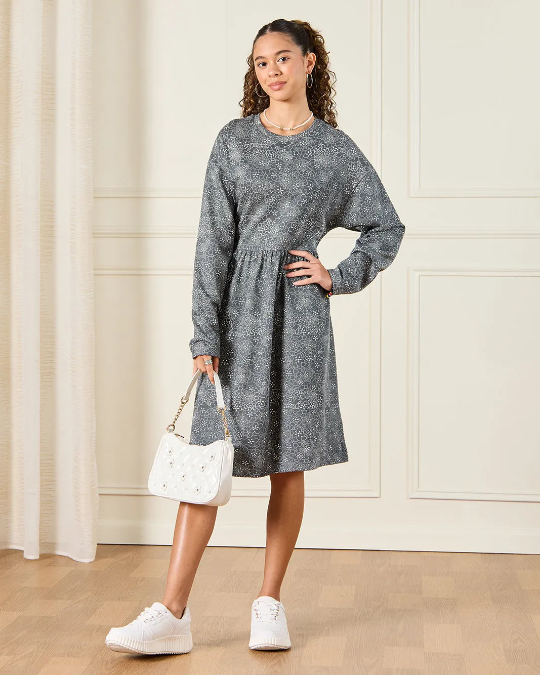 Senior Girls Grey Floral Print Dress sold by Redtag product image thumbnail 2