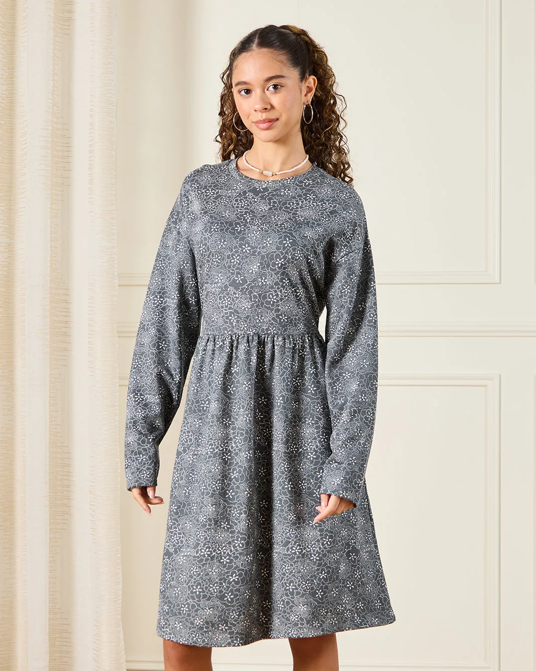 Senior Girls Grey Floral Print Dress sold by Redtag