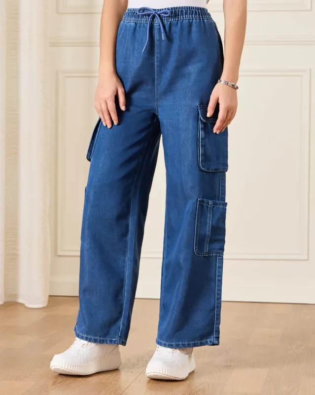 Senior Girls Blue Cargo Pull on Pants sold by Redtag