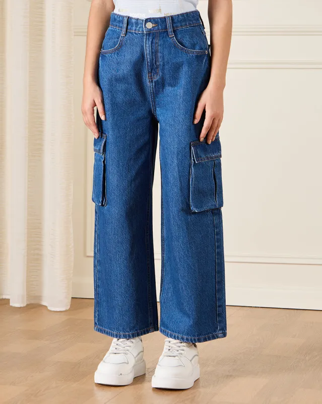 Senior Girls Blue Cargo Pocket Jeans sold by Redtag