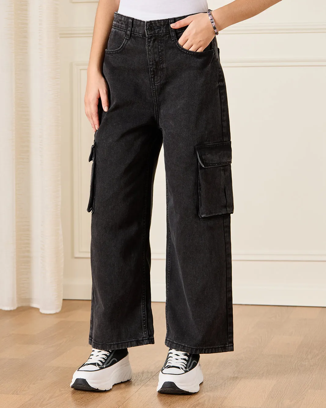 Senior Girls Black Cargo Pocket Jeans sold by Redtag